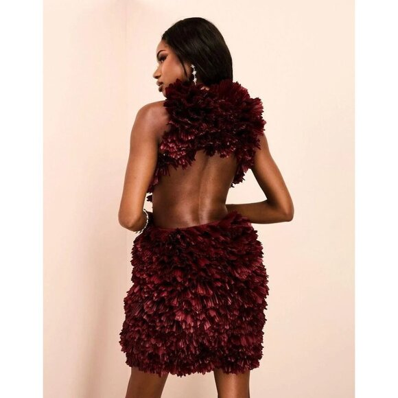 ASOS LUXE Oxblood Red Pleated Ruffle Plunge Neck Mini Halter Dress, Size 10 - Picture 14 of 16